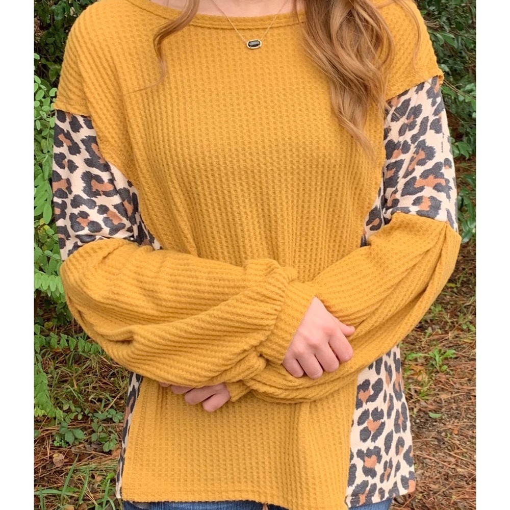 Mustard Waffle Knit Puff Sleeve